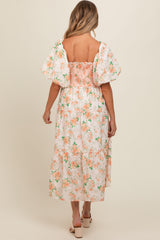 Peach Floral Smocked Puff Sleeve Maternity Midi Dress