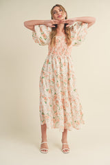 Peach Floral Smocked Puff Sleeve Maternity Midi Dress