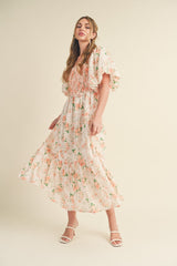 Peach Floral Smocked Puff Sleeve Midi Dress