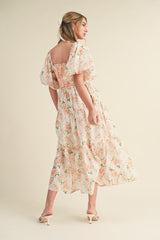 Peach Floral Smocked Puff Sleeve Midi Dress