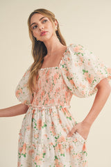 Peach Floral Smocked Puff Sleeve Midi Dress