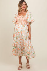 Peach Floral Smocked Puff Sleeve Maternity Midi Dress