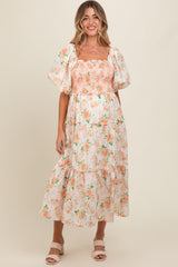 Peach Floral Smocked Puff Sleeve Maternity Midi Dress