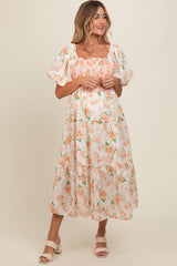 Peach Floral Smocked Puff Sleeve Maternity Midi Dress