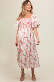 Pink Floral Smocked Puff Sleeve Maternity Midi Dress