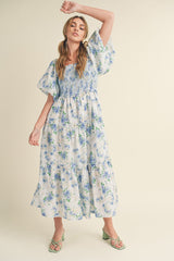 Blue Floral Smocked Puff Sleeve Midi Dress