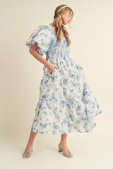 Blue Floral Smocked Puff Sleeve Midi Dress