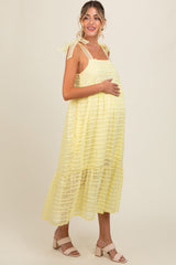 Yellow Textured Shoulder Tie Maternity Midi Dress