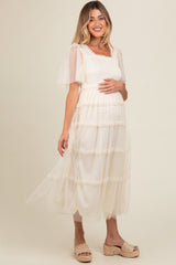 Beige Ruffled Mesh Maternity Maxi Dress