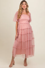 Pink Ruffled Mesh Maternity Maxi Dress