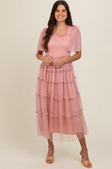 Pink Ruffled Mesh Maxi Dress