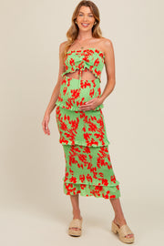 Lime Floral Smocked Drawstring Front Cutout Ruffle Trim Maternity Midi Dress