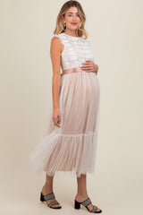 White Lace Contrast Tulle Maternity Maxi Dress