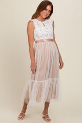 White Lace Contrast Tulle Maxi Dress