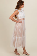 White Lace Contrast Tulle Maxi Dress