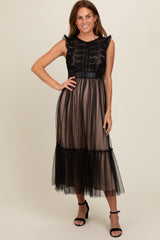 Black Lace Contrast Tulle Maternity Maxi Dress