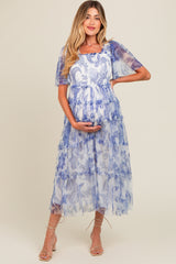 White Floral Smocked Tulle Maternity Maxi Dress