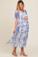 White Floral Smocked Tulle Maternity Maxi Dress