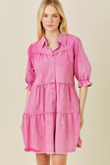 Pink Denim Tiered Button Down Maternity Dress