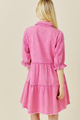 Pink Denim Tiered Button Down Dress