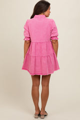 Pink Denim Tiered Button Down Maternity Dress