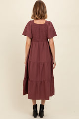 Burgundy Sweetheart Neck Short Puff Sleeve Tiered Midi Dress