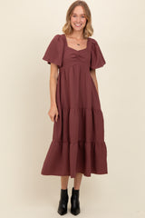 Burgundy Sweetheart Neck Short Puff Sleeve Tiered Midi Dress