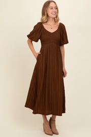 Brown Smocked V-Neck Short Puff Sleeve Textured Midi Dress