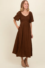 Brown Smocked V-Neck Short Puff Sleeve Textured Maternity Midi Dress