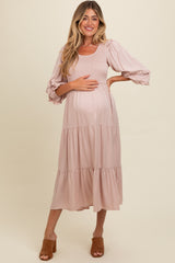 Mauve Smocked Ruffle Shoulder Tiered Maternity Midi Dress