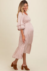 Mauve Smocked Ruffle Shoulder Tiered Maternity Midi Dress