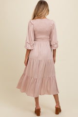 Mauve Smocked Ruffle Shoulder Tiered Maternity Midi Dress