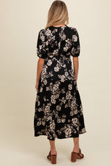 Black Floral Button Down Front Tie Maternity Midi Dress