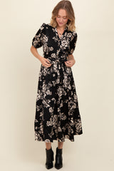 Black Floral Button Down Front Tie Midi Dress