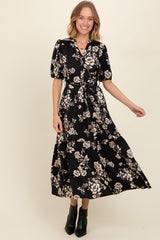 Black Floral Button Down Front Tie Maternity Midi Dress