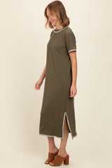 Olive Green Ribbed Embroidered Trim Short Sleeve Midi Dress