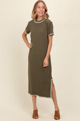 Olive Green Ribbed Embroidered Trim Short Sleeve Midi Dress