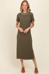 Olive Green Ribbed Embroidered Trim Short Sleeve Maternity Midi Dress