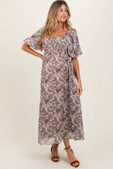 Taupe Floral Square Neck Short Puff Sleeve Maternity Midi Dress