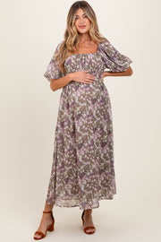 Taupe Floral Square Neck Short Puff Sleeve Maternity Midi Dress