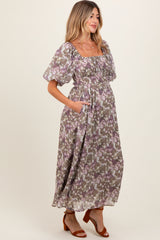 Taupe Floral Square Neck Short Puff Sleeve Maternity Midi Dress