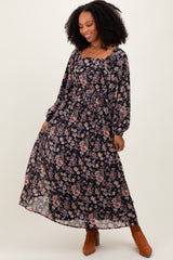 Black Floral Square Neck Front Tie Midi Dress