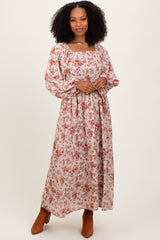 Cream Floral Square Neck Front Tie Maternity Midi Dress