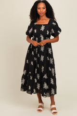 Black Floral Print Ruffle Hem Maternity Midi Dress