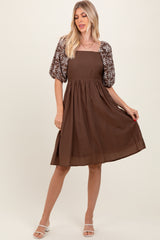 Brown Embroidered Puff Short Sleeve Square Neck Dress