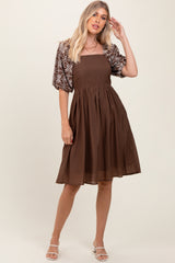 Brown Embroidered Puff Short Sleeve Square Neck Dress