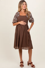 Brown Embroidered Puff Short Sleeve Square Neck Maternity Dress