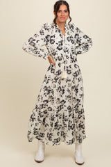 Black Floral Button Front Tiered Long Sleeve Maternity Maxi Dress