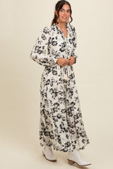 Black Floral Button Front Tiered Long Sleeve Maxi Dress