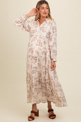 Mocha Floral Button Front Tiered Long Sleeve Maternity Maxi Dress